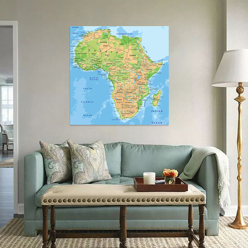 90*90Cm Peta Afrika Di Dinding Perancis Dekoratif Cetak Non-anyaman Kanvas Lukisan Ruang Tamu Dekorasi Rumah Perlengkapan Sekolah
