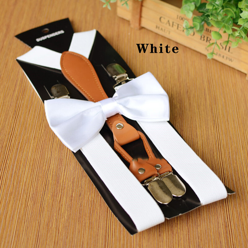 4 Clips Suspenders & Bow Tie Sets For Men Women Solid Color Elastic Adjustable Unisex Wedding Party X-Back Brace Belt Straps