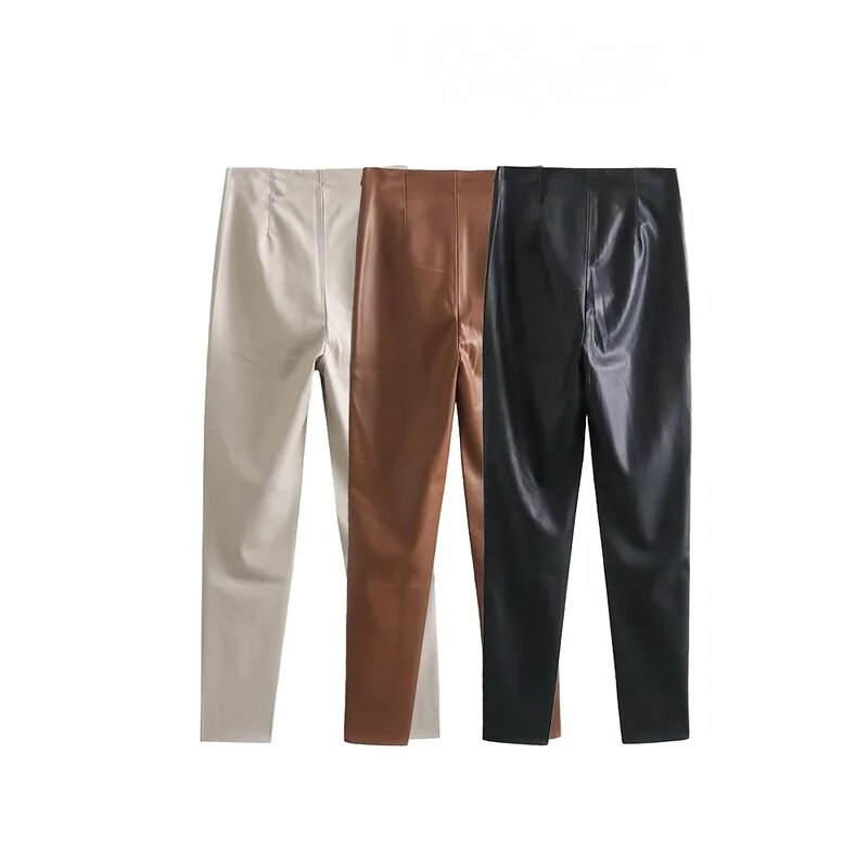 ASDS 2024 Women Solid PU Faux Leather Stylish Stretch Pants Streetwear High Waist Ladies Pencil Trousers Full Length Bottoms