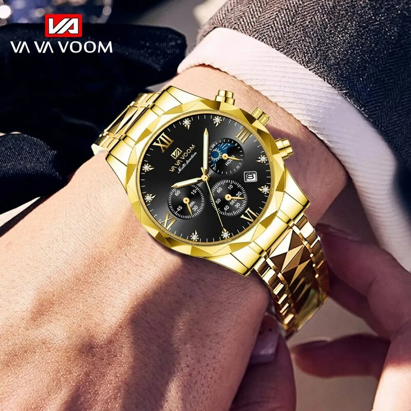 Relógio de quartzo impermeável de aço inoxidável masculino, marca de luxo, top, multifuncional, data, fase lunar, negócios, relógios masculinos