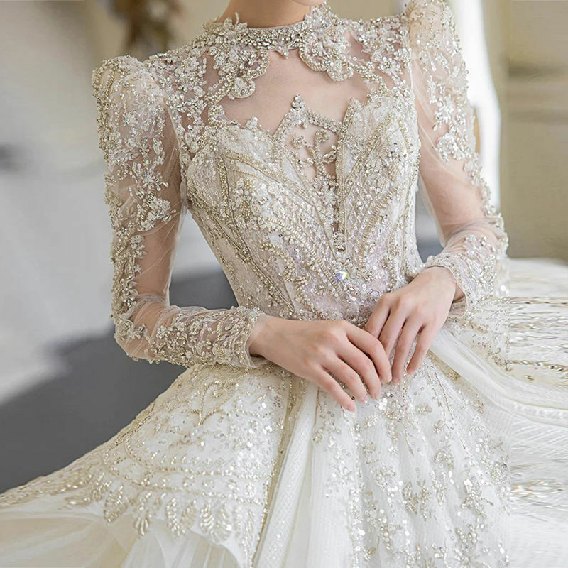 Dubai arábia gola alta mangas completas vestido de casamento vestido de baile luxruy cristal vestidos de noiva lantejoulas pérolas igreja robe de mariée