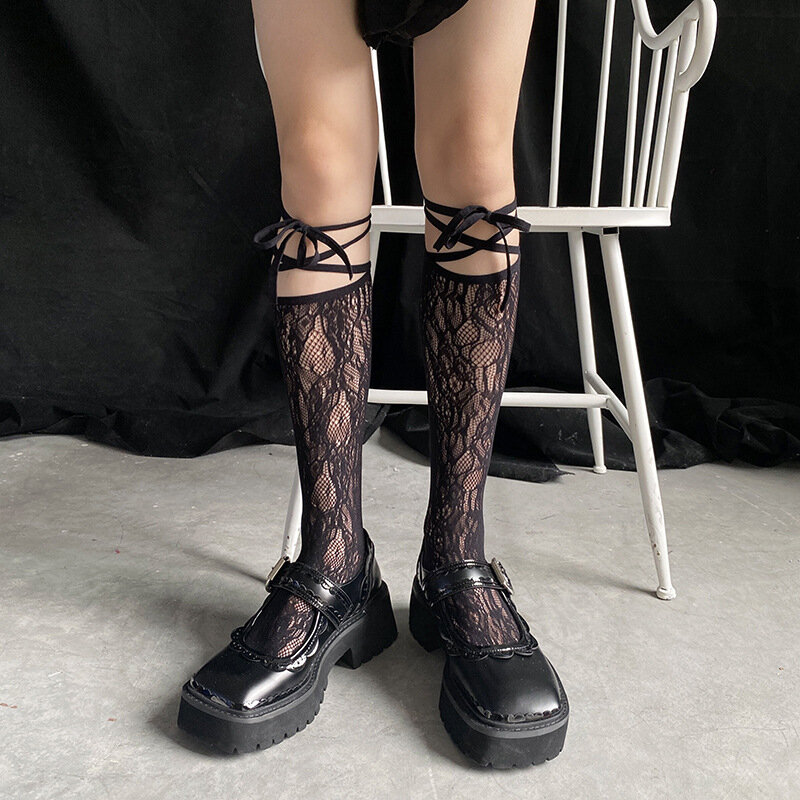 Calcetines hasta la rodilla para niña, medias de rejilla de encaje con tiras, calcetines largos hasta la rodilla, estilo japonés, Lolita JK
