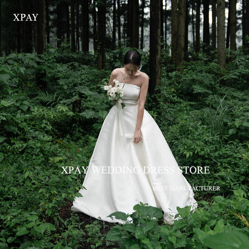 XPAY-فساتين زفاف من الدانتيل للنساء ، خط بسيط ، بدون حمالة ، ساتان ناعم ، تصوير ريفي ، فساتين زفاف ، كوريا