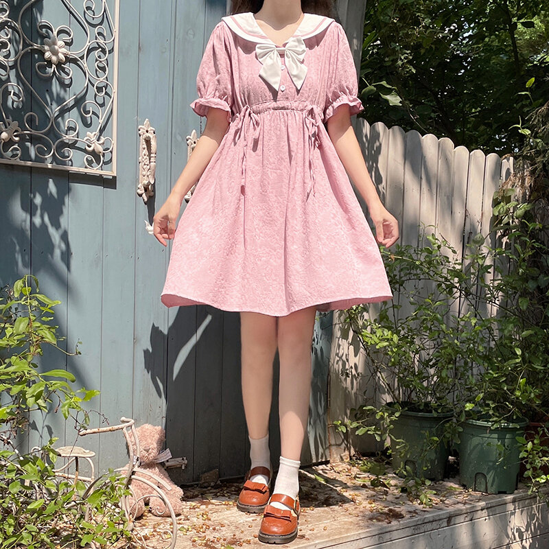 Mori girl solid vestidos New summer fashion short sleeve mini kawaii dress