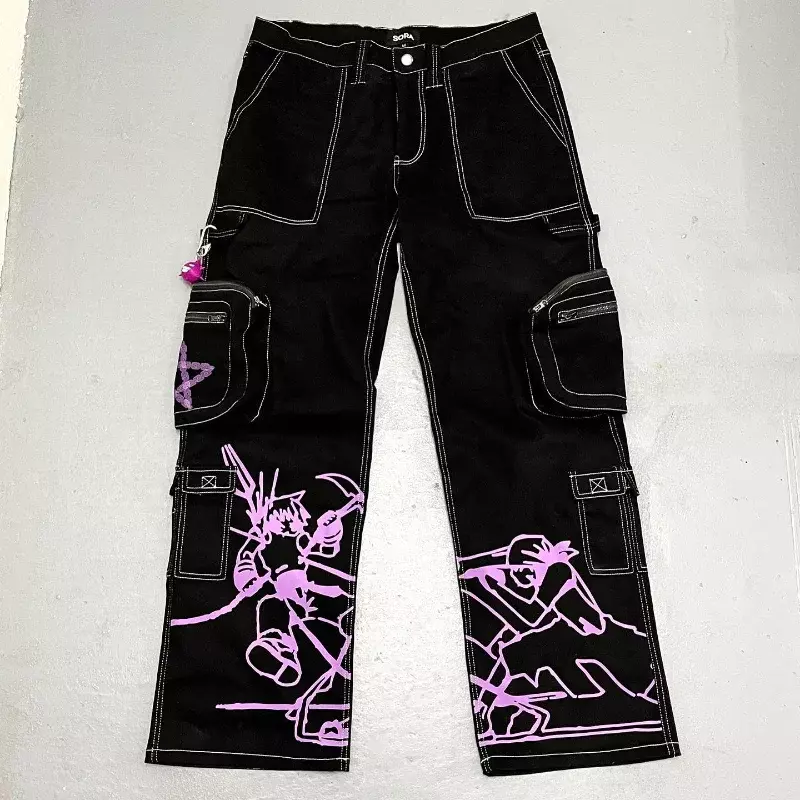 Pantalones cargo Y2K para mujer, jeans de tendencia Harajuku, ropa de calle informal estampada, hip hop, color negro, 2023
