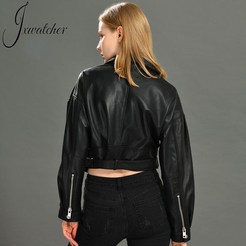 Jxwatcher-Jaqueta de motocicleta de couro real com cinto para mulheres, jaqueta de pele de carneiro estilo cool, curta, clássica, outono