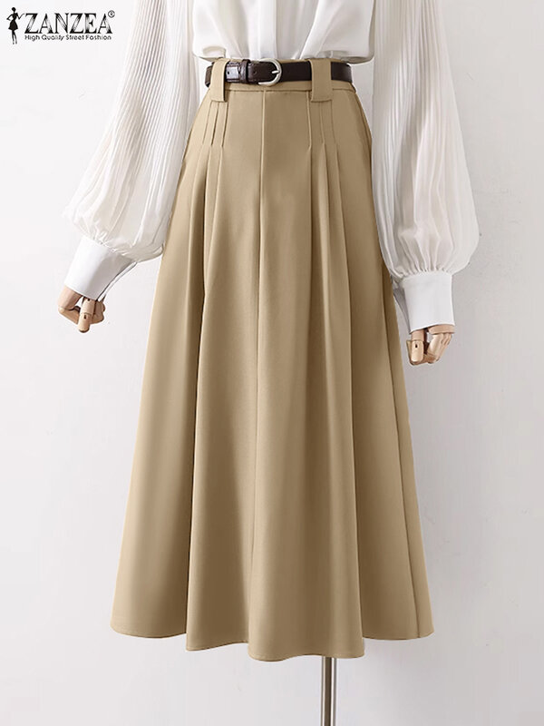 ZANZEA Office Lady 2024 Spring Falda Women Pleating Skirt Vintage High Waist Jupe Korean Fashion Holiday Loose Solid Maxi Skirts