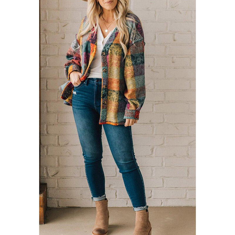 Plus Size Casual Multicolor Plaid Single Breasted Patchwork Coat