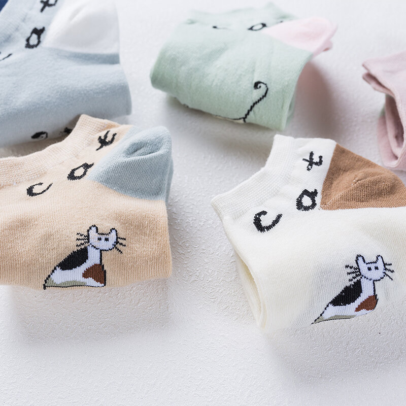 5 Pairs Women Casual Ankle Socks Funny Candy Color Cartoon Paintbrush Palette Pigment Cat Cute Pattern Female Happy Short Socks