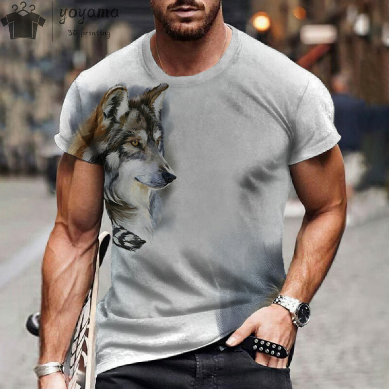 Camiseta 3D com estampa animal digital masculina, camisa estampada lobo, mangas curtas, pulôver confortável, roupas com o pescoço, camiseta extragrande