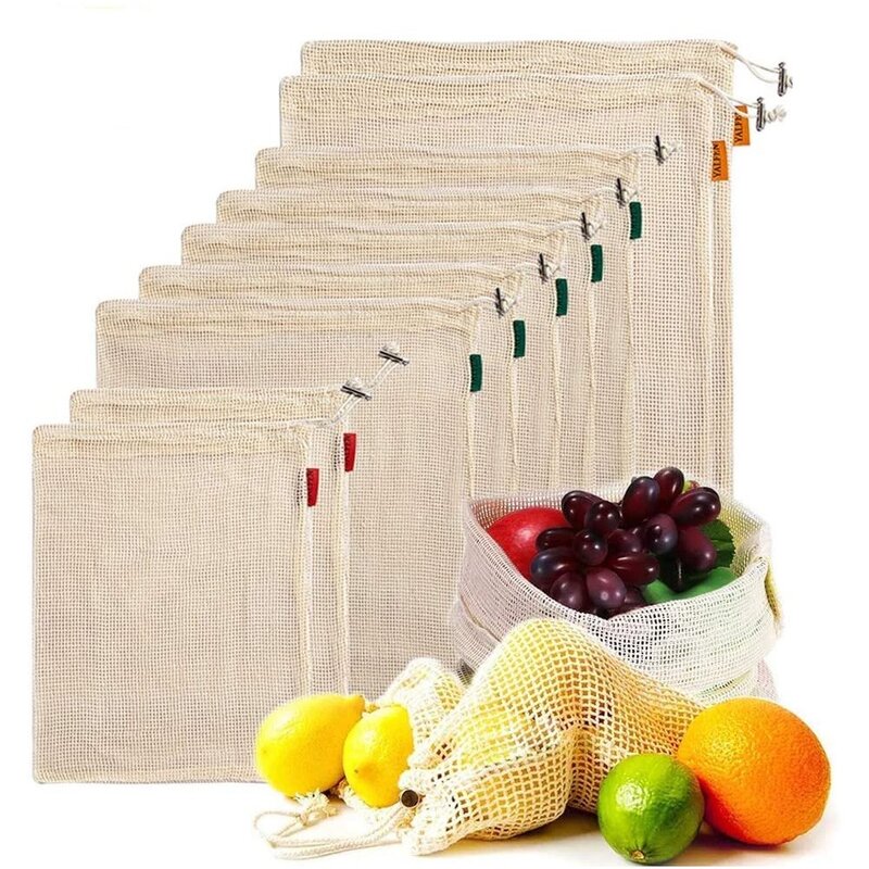 Set di 9 pezzi di sacchetti di prodotti in rete riutilizzabili per sacchetti di cotone per la conservazione di generi alimentari, verdure e prodotti freschi