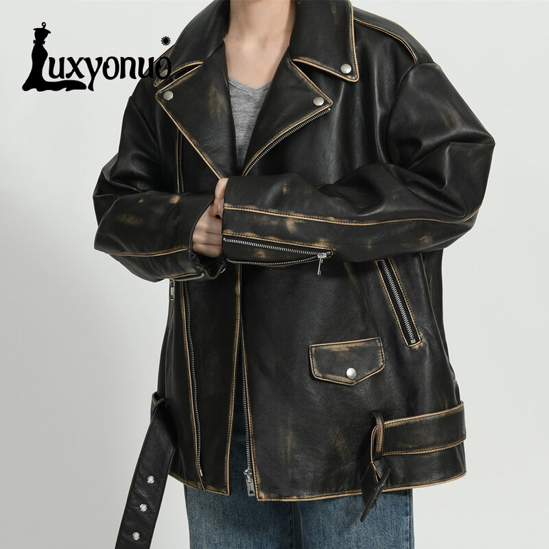Luxyonuo-casaco de couro genuíno feminino, jaqueta de couro real para senhoras, sobretudo vintage de alta qualidade, nova chegada, primavera e outono