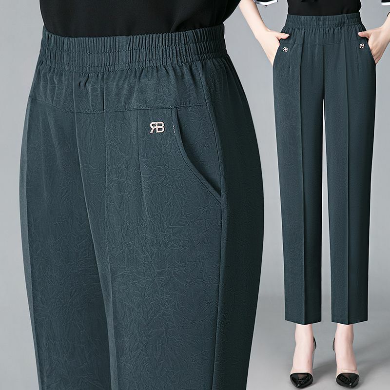 Vintage Loose Straight Pants Spring Summer Thin Women Streetwear Office Lady Casual Elastic High Waist Cropped Trousers