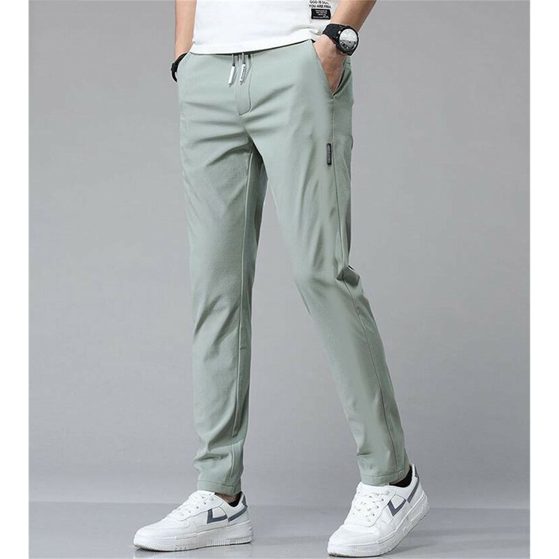 Men's Ice Silk Pants 2024 Summer New Solid Color Thin Business Casual Pants Outdoor Elastic Breathable Straight Leg Sweatpants
