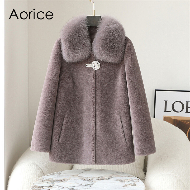 Aorice-abrigo largo de lana para mujer, chaqueta con cuello de piel de zorro, Parka de talla grande, CT246