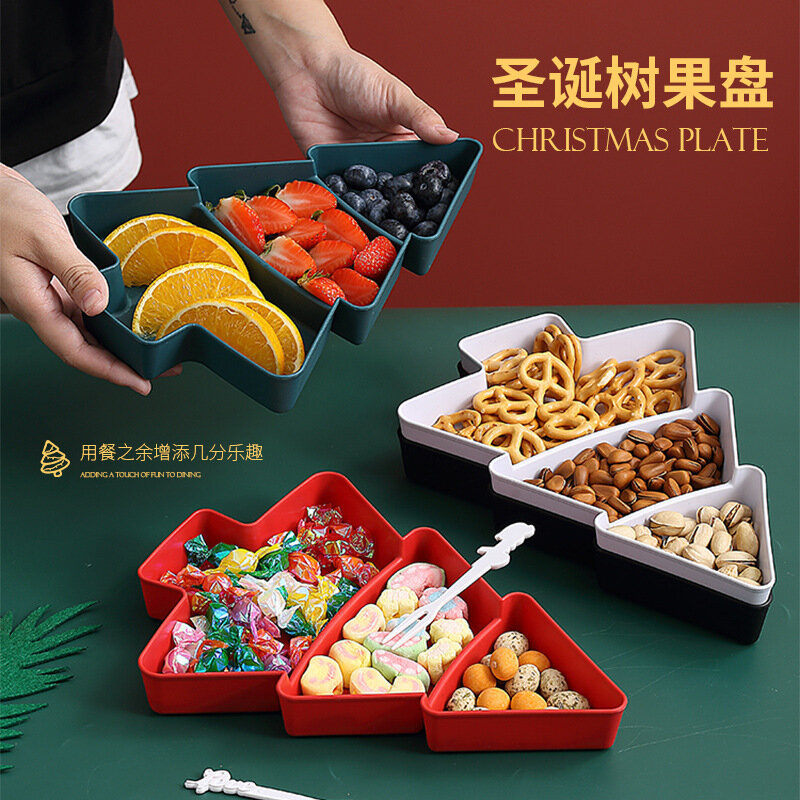2024New Creative Christmas tree fruit plate with grid household snack plate plastic candy dried fruit and melon seed storage box