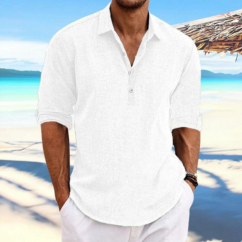 Camisa de gola virada de manga curta masculina, cor sólida, leve, respirável, macia, verão