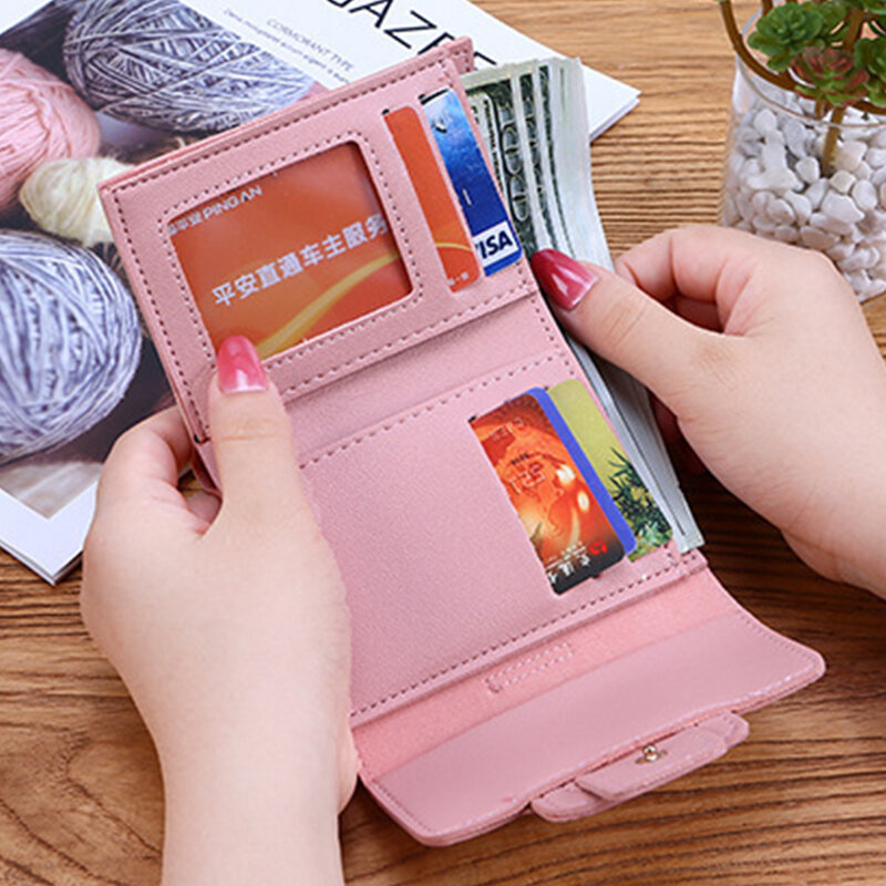 Dompet wanita wanita pendek desain modis tiga lipat dompet sederhana lucu mahasiswa Clutch tempat kartu dompet koin carteira feminina