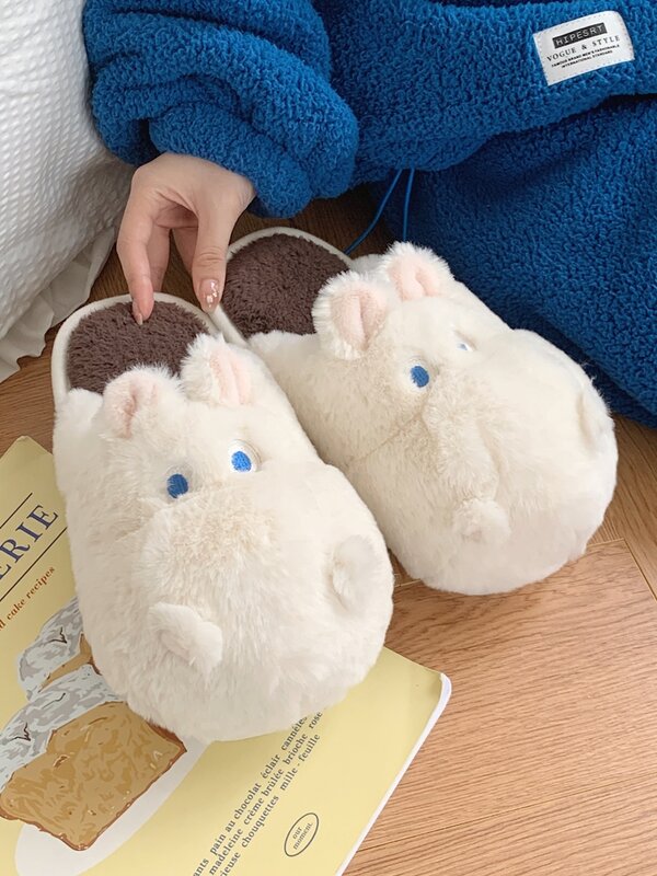 귀여운 코튼 홈 슬리퍼 남녀공용, 겨울 실내 야외 귀여운 동물 만화 따뜻한 커플 봉제 신발