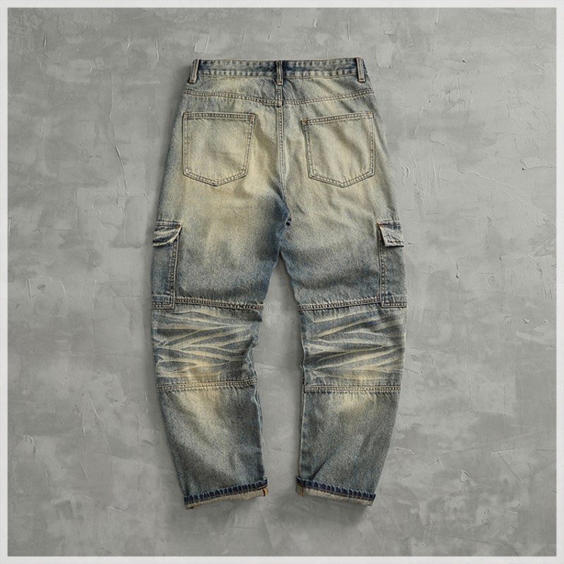 Loose 3D splicing high-quality jeans men's high street American fashion wide-leg tooling drag straight pants trend