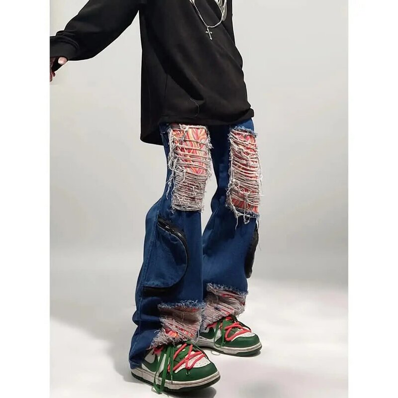 Винтажные американские уличные хип-хоп ins свободные рваные джинсы большого размера с нашивкой готические прямые брюки с шваброй хипстерские y2k