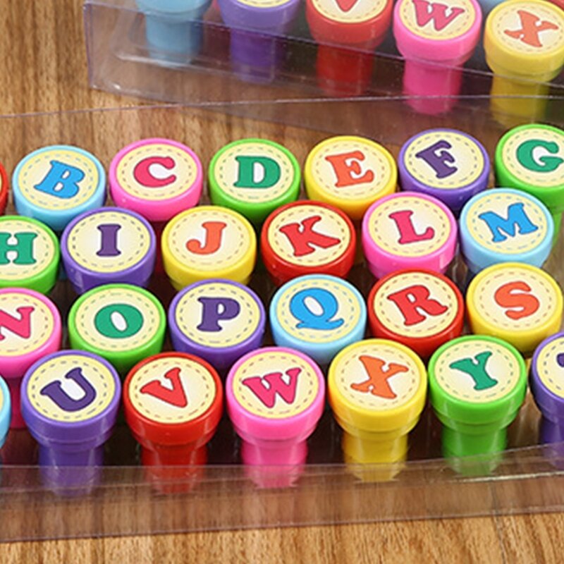 Sellos educativos del alfabeto para niños, juego de sellos redondos de 26 piezas para aprendizaje y álbum de recortes con almohadilla de entintado