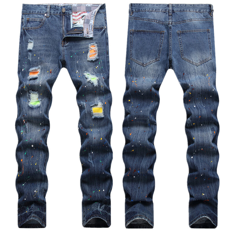 Jeans com patch costurado slim fit masculino, calças de pés pequenos, marca fashion, corpo fino, novo, outono, 2024