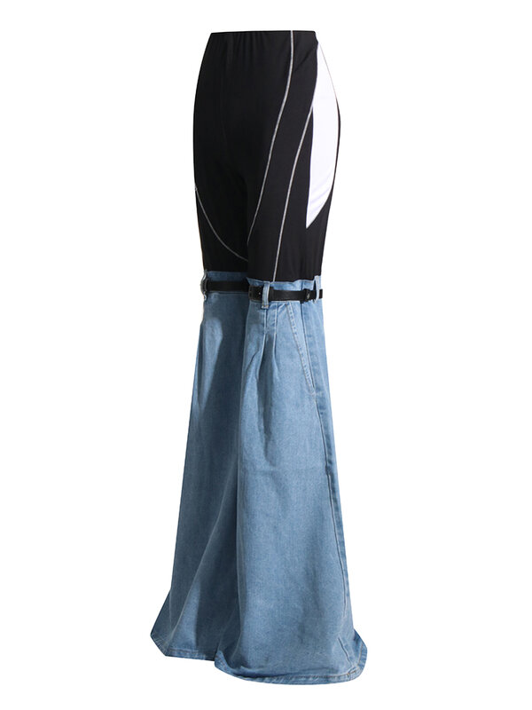 ROMISS-Calça jeans feminina com retalho colorido, cintura alta, bolso emendado, fina, calça casual, streetwear feminina, hit