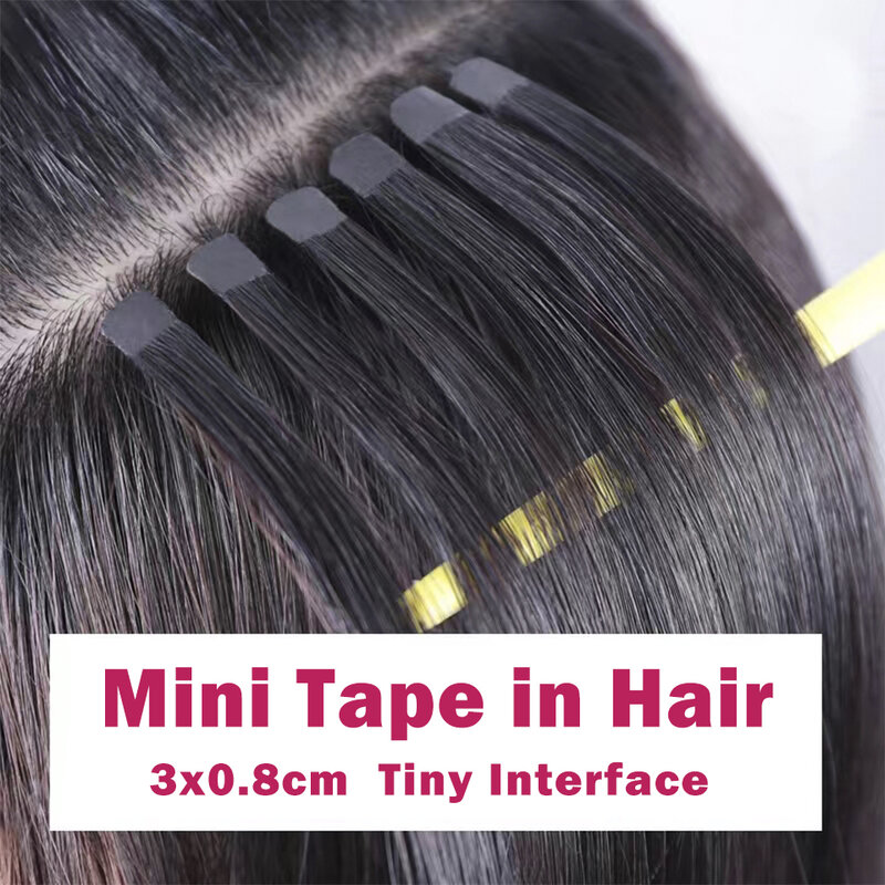 Mini extensões de cabelo humano com fita adesiva, lado duplo, invisível, sem costura, natural, reto, preto, marrom, loiro, 10pcs, conjunto