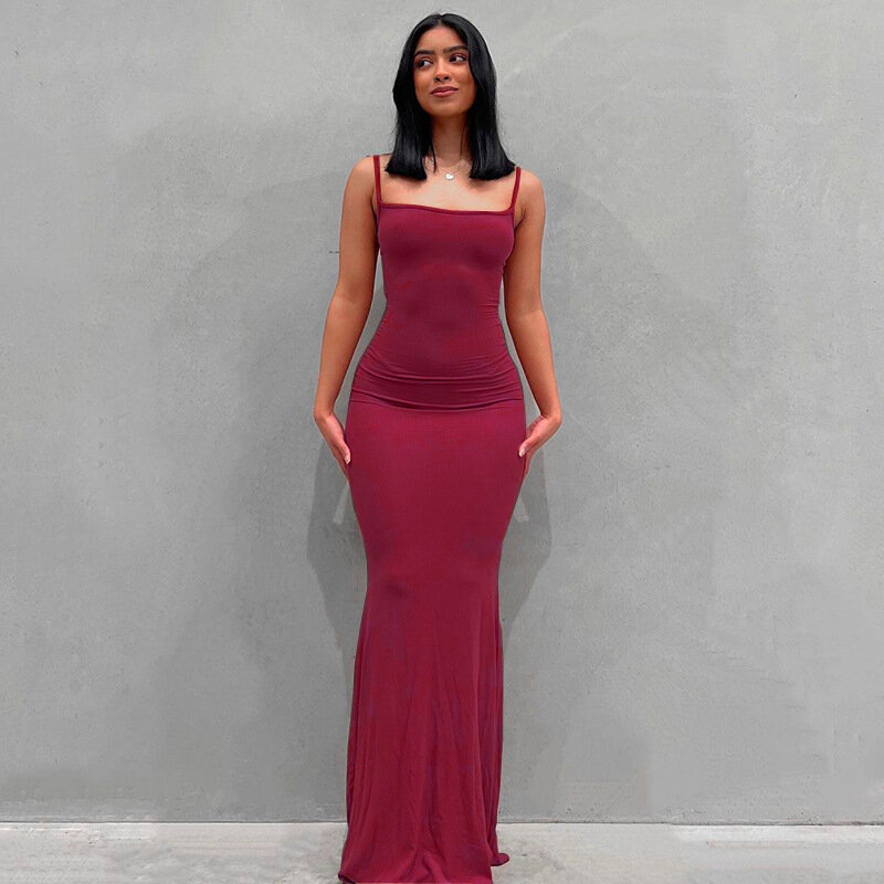 2024 Letnie sukienki dla kobiet Sexy Spaghetti Strap Black Long Dress Y2k Sleeveless Solid Skinny Bodycon Trumpet Maxi Vestidos