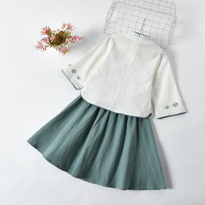 New Hanfu Girls Spring and Summer Children's Costume Dress 3-12 Years Floral Print Princess Dress Set