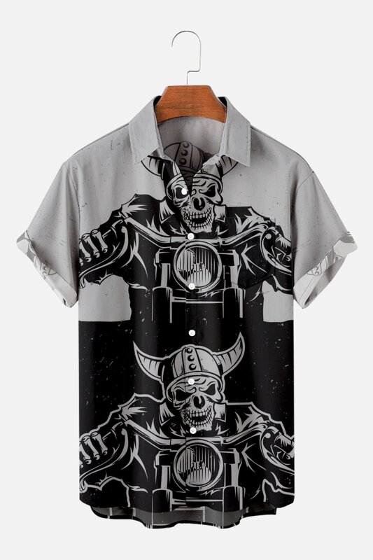 2022 camisa de lapela versátil de manga curta masculina plus size esqueleto moto 3d impresso masculino topo único fivela