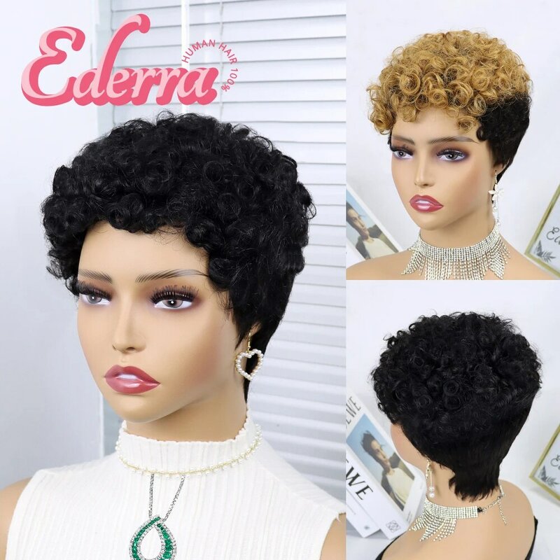Pelucas de cabello humano corto para mujeres negras, pelo brasileño rizado con corte Pixie, hecho a máquina, barato, sin pegamento, afro americano