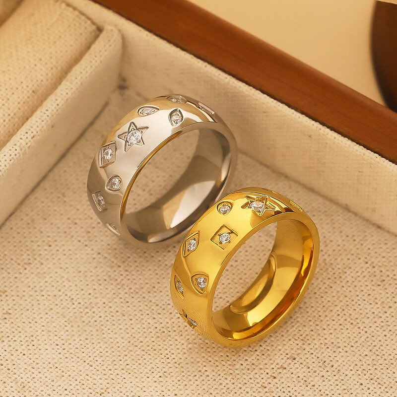 خاتم فولاذ تيتانيوم كريستال ستار لامع للنساء ، مطلية بالذهب عيار 18 قيراط ، مجوهرات إصبع مقاومة للماء لا تسبب الحساسية ، بدلة هدية صديقة