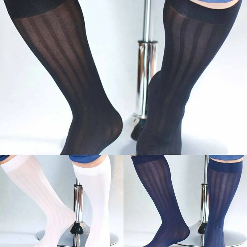 Stockings Mens Socks Knee High Sock Knee Length Mid-Length Pair Stretchy Striped Suit Ultra-thin Business Formal
