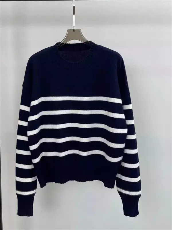 Women's Sweater 2023 New Fall Winter Beaded Chain Design Striped Contrast Color Round-Neck Casual Long Sleeve Pullover