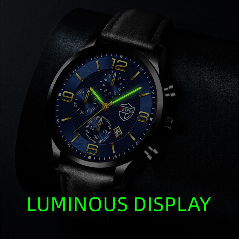 Mode Mannen Horloges Luxe Lederen Quartz Horloge Zwart Lederen Armband Set Horloge Mannen Sport Lichtgevende Klok Reloj Hombre