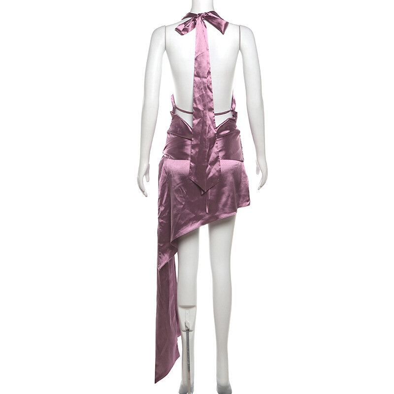 Satin Frauen Ballkleid ärmellose Neck holder V-Ausschnitt Sommer kurze Mini-Party kleid 3d Blume Streetwear Rock Roben auf Lager