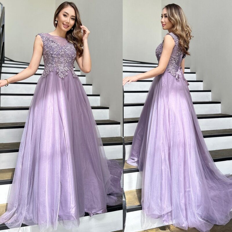 Tulle Embroidery Celebrity A-line Boat Neck Bespoke Occasion Gown Long Dresses