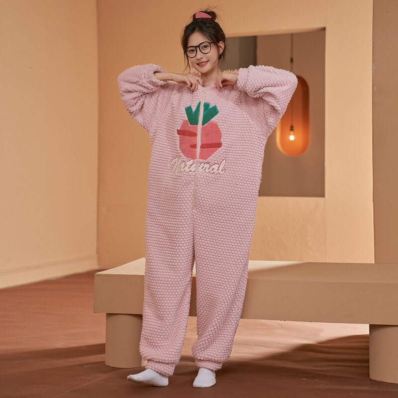 Jumpsuit Pajamas Women Autumn Winter Coral Fleece Thickened Plush Cute Cartoon Flannel Warm Nightwear Casual Loose Home Clothing