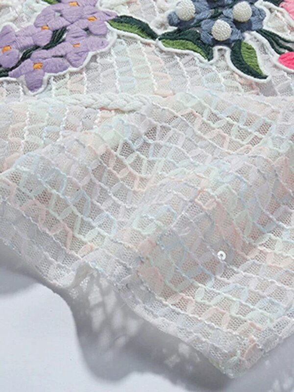 Женское ажурное платье из органзы DEAT, элегантное платье с цветочной вышивкой, круглым вырезом и вышивкой, лето 2024
