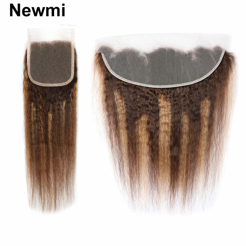 Cheveux humains Kinky Straight Highlight, Ombre Lace Closure, P4, 27, 4x4, 13x4, Oreille à oreille, Blonde
