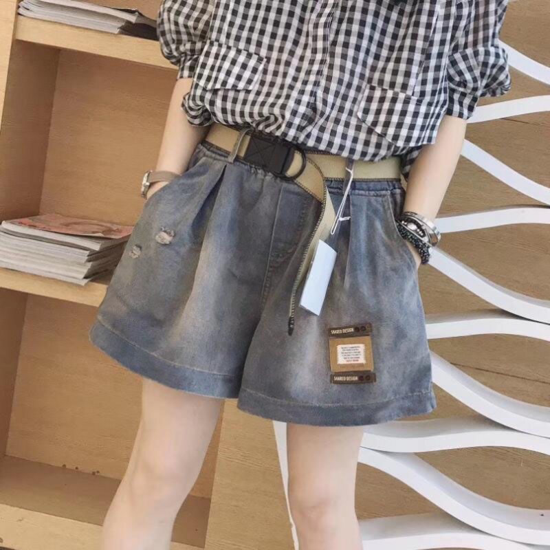 Set pakaian wanita dua potong, baju longgar tipis versi Korea + celana pendek Denim pinggang elastis musim semi/panas