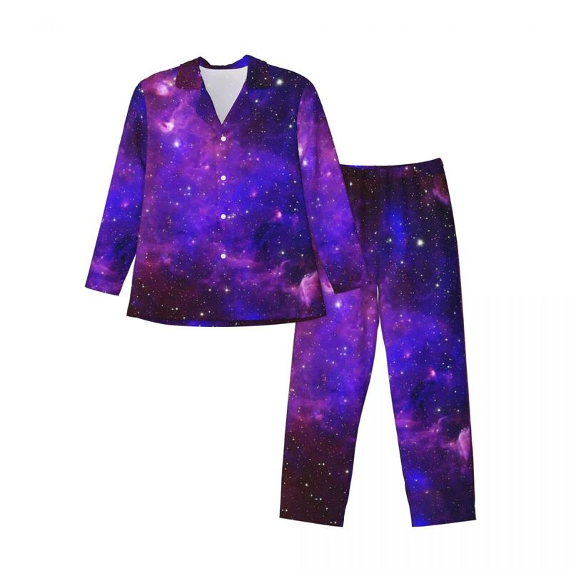 Пижама Мужская с длинным рукавом, комнатная одежда для сна с винтажным принтом, фиолетовый комплект из 2 предметов, Удобный домашний костюм оверсайз