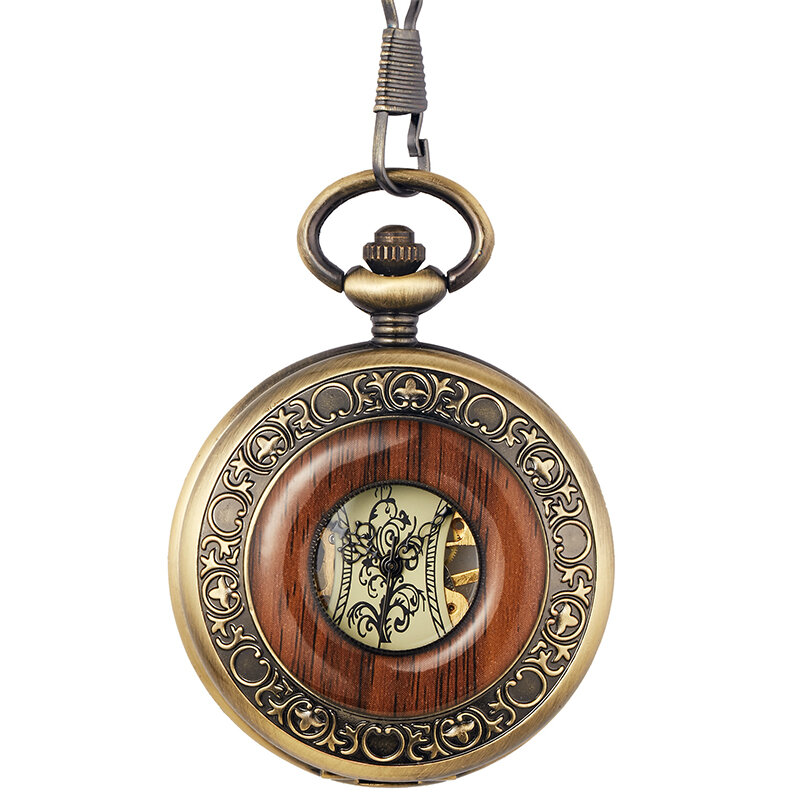 New Vintage Wood Circle Bronze Alloy Steampunk Skeleton Hand Winding Mechanical Pocket Watch Roman Numerals  Chain Clock Pendant