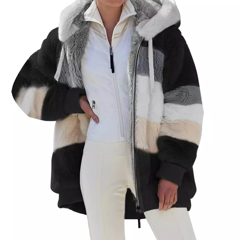 Jaqueta feminina com capuz com zíper, ponto emendado, casaco de costura de caxemira, casacos femininos xadrez, inverno, 2022