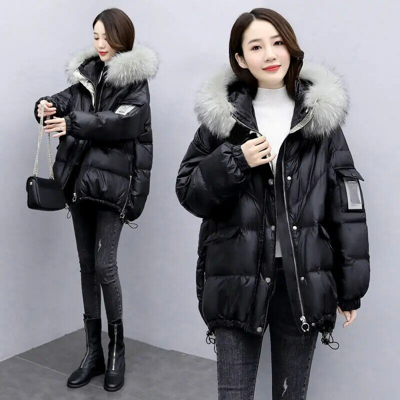 大きな毛皮の襟が付いた綿のジャケット,カジュアルなルーズフィットのコート,韓国のファッション,秋冬,2023