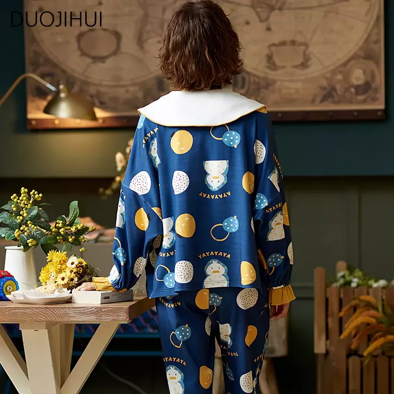 Duojihui-pijama feminino, conjunto de 2 peças, estampa doce, manga longa, calças soltas, estilo casual, para casa, outono