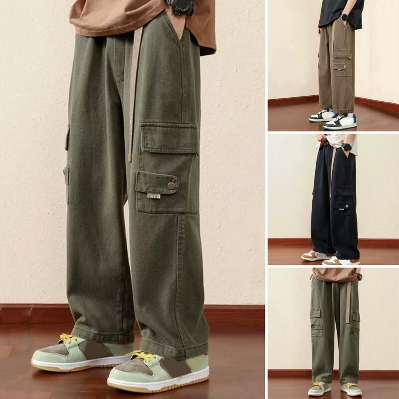 Pantalones informales transpirables Vintage para hombre, pantalones Cargo sueltos con cintura elástica, múltiples bolsillos con decoración de correa, suaves para alto