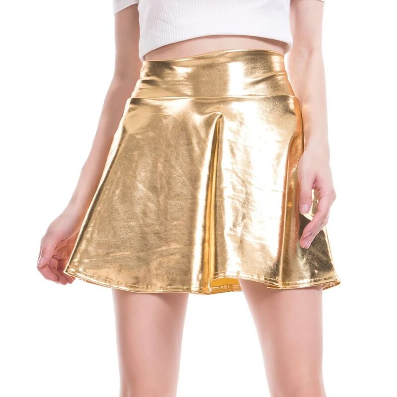 Women Clothing Pleated Skirt High Street Hot Girl Retro Sexy Shiny Solid Color WetLook A-Line Clubwear Cosplay